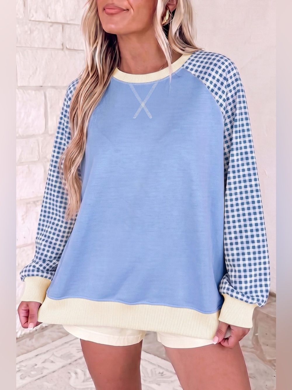 Plaid Raglan Sleeve Round Neck Sweatshirt